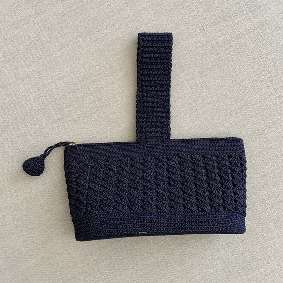 Vintage 1940s FRE-MOR Creation Navy Cord Crochet Knit Wristlet Top Handle Bag
